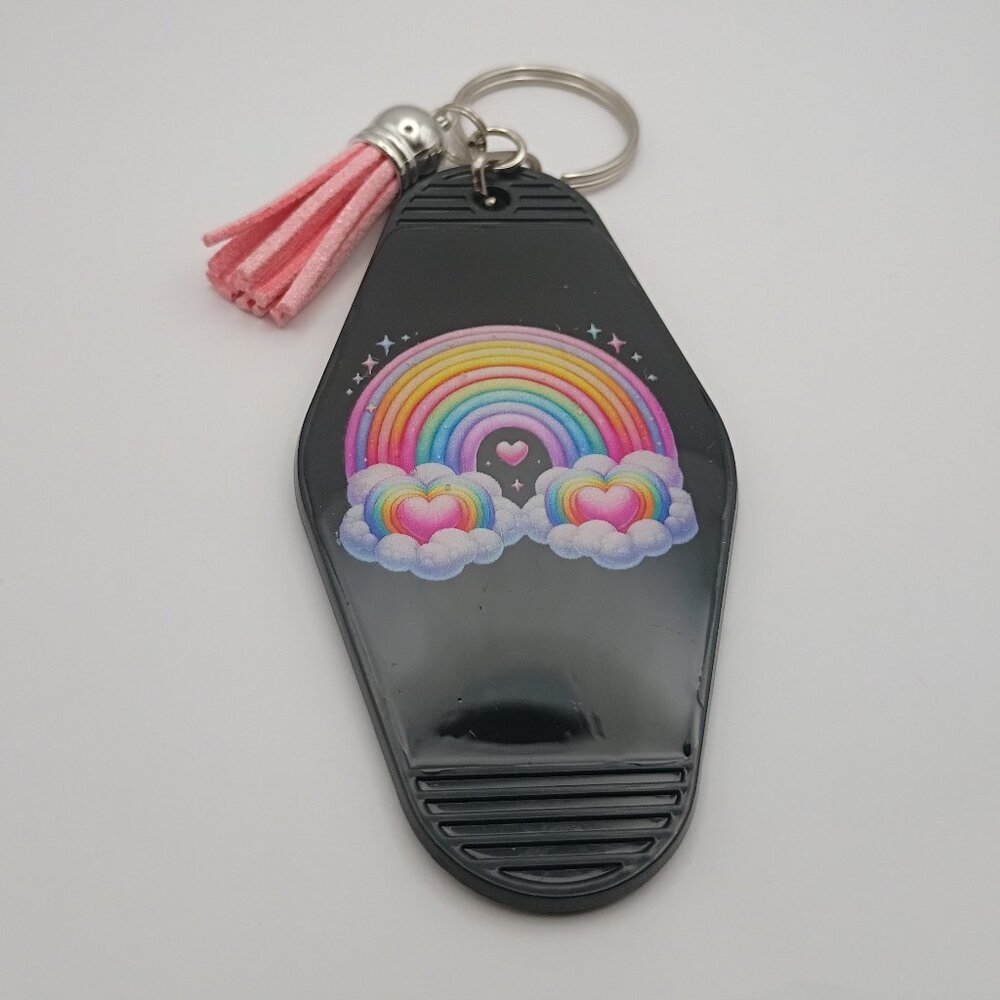 Retro Motel Keychain Black Rainbow Cloud Heart Bag Charm Handmade Resin DTF New